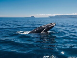 Obraz premium Humpback Whale Breaching in the Ocean with a Mountain Range in the Background