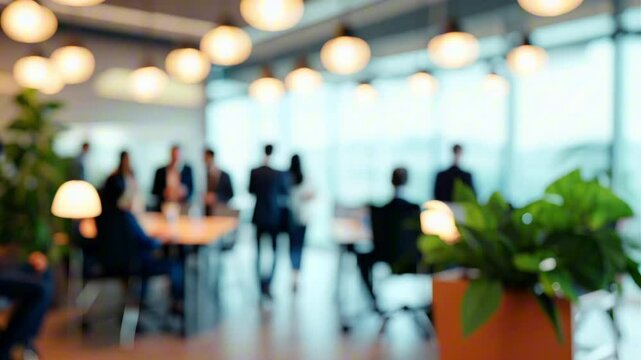  blurred view of a modern office interior, capturing the essence of a professional and dynamic workspace environment. The abstract background features sleek glass walls, natural lighting