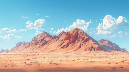 Naklejka premium Desert mountain range with a clear blue sky and fluffy clouds.