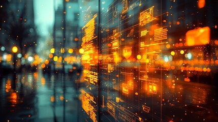 Fototapeta premium A vibrant, digital cityscape illuminated by glowing orange lights, showcasing reflections and a futuristic atmosphere.