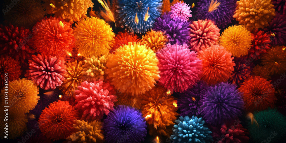 Poster a stunning array of colorful pom-pom-like flowers in vibrant hues creates a visually striking compos