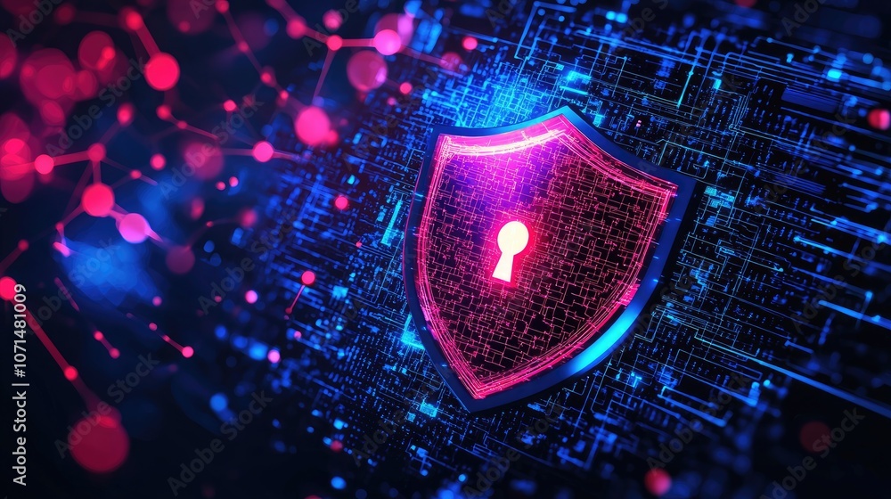 Poster digital shield with a glowing keyhole on a futuristic background.