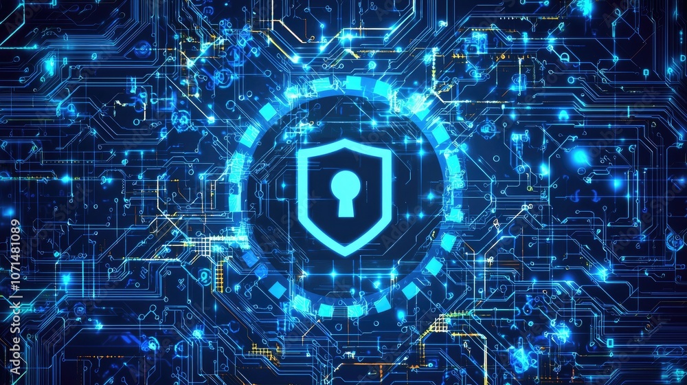 Poster digital shield with keyhole on circuit board.
