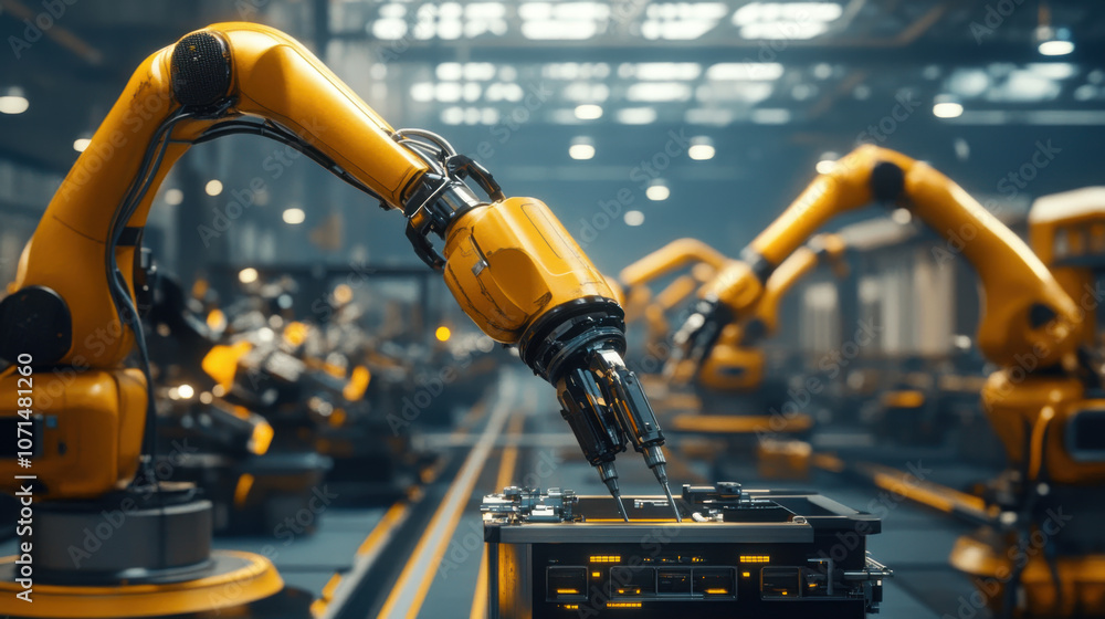 Poster futuristic shipyard with robotic arms assembling machinery, showcasing advanced technology and engin