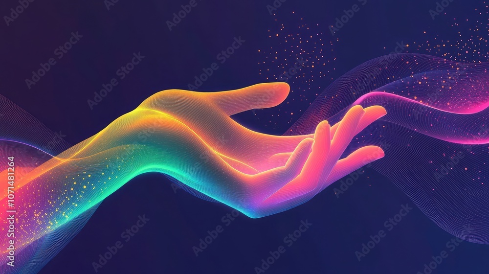 Poster abstract image of a hand reaching out with glowing lines of vibrant colors on a dark background.