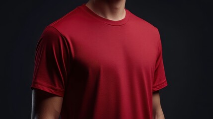 Close-Up of Man Wearing a Plain Red T-Shirt on Dark Background for Fashion and Apparel Concepts