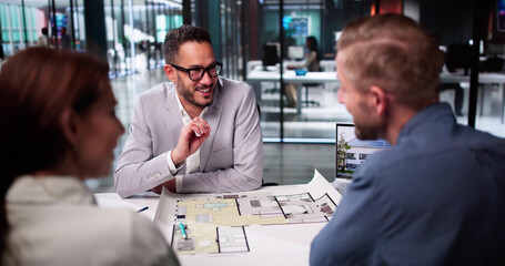 Real Estate Consultant Showing Apartment Blueprint