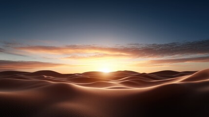 A sweeping view of the Sahara Desert at sunset, with towering sand dunes and a colorful sky, creating a dramatic and breathtaking landscape.