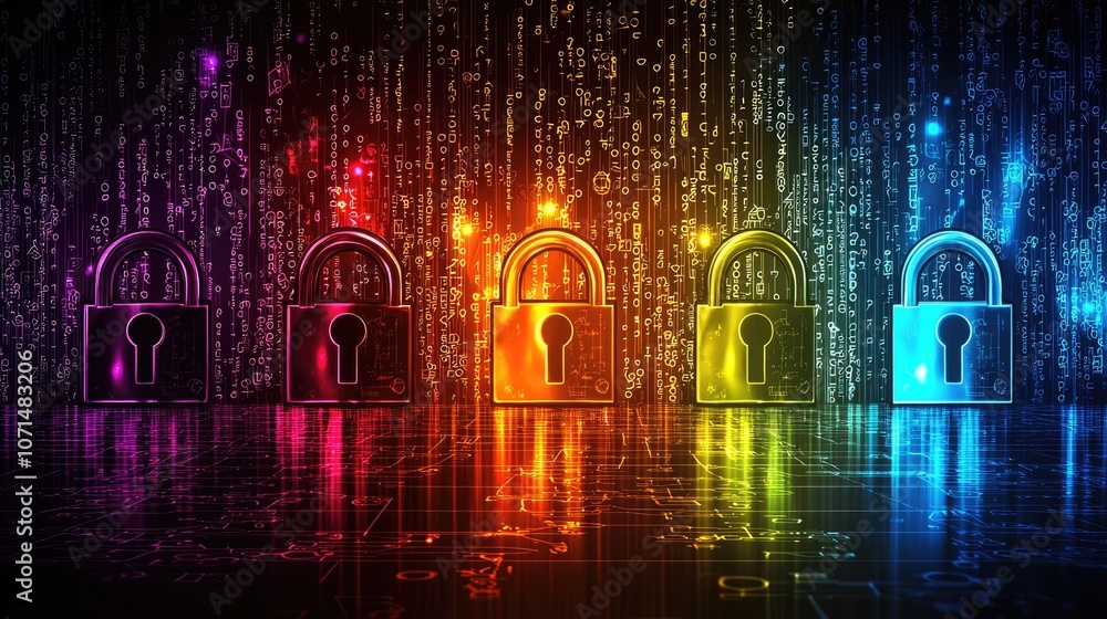 Poster five glowing padlocks in front of a digital code background.