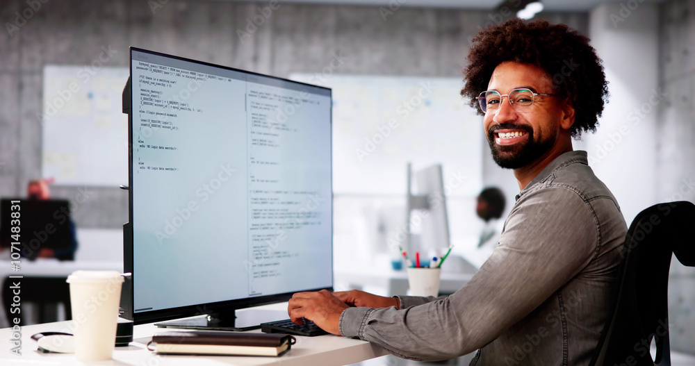 Aufkleber African American Coder Using Computer At Desk