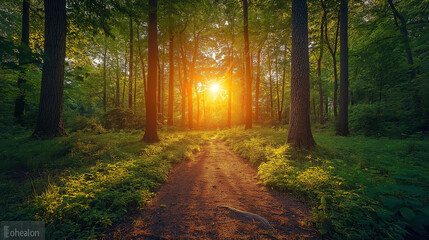 Obraz premium path leading through the forest, bathed in golden sunlight filtering between tall trees and surrounded by lush greenery