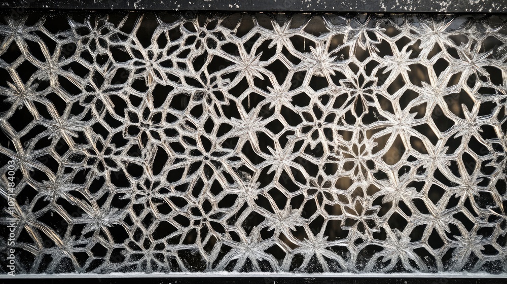 Poster intricate snowflake patterns etched into a frozen windowpane, creating a mesmerizing abstract design