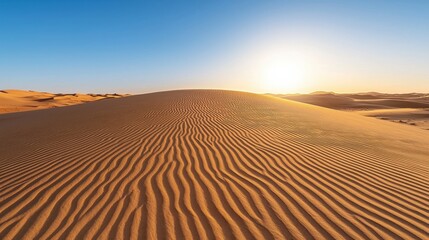 Endless golden sand dunes stretching across the Sahara Desert, with soft ripples in the sand under the warm sunlight, evoking the serenity and majesty of the desert