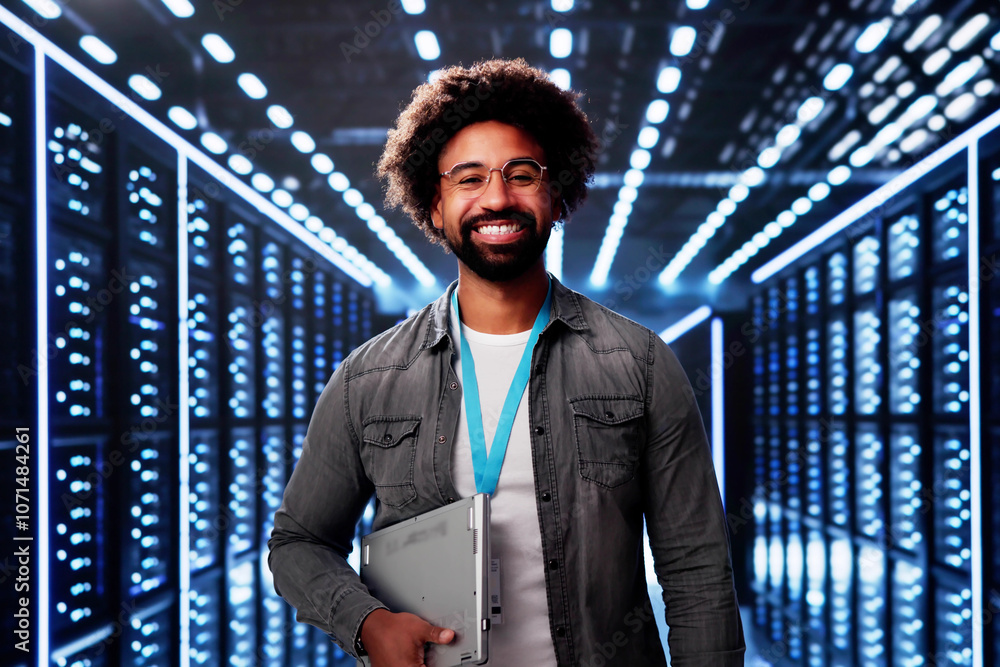Poster happy engineer in data center server room configuring ai