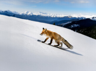 Fototapeta premium A red fox runs down a snowy slope in the mountains.