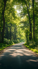 Fototapeta premium Photo - Sunlit Forest Road, Green Canopy, Summer Trees, Nature Path