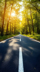 Fototapeta premium Photo - Sunlit Forest Road Journey Trees Nature Landscape Sunlight Asphalt Path Travel Scenic Drive Green