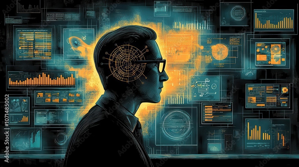 Poster a silhouette of a person with digital data visualizations surrounding their head, illustrating the c