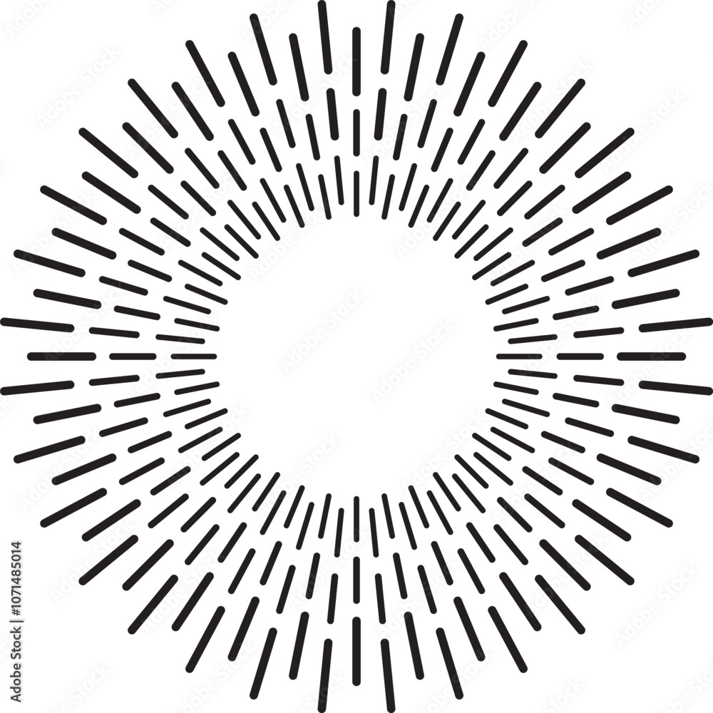 Poster numerous black lines emanate from a central point, forming a dynamic sunburst or starburst pattern a