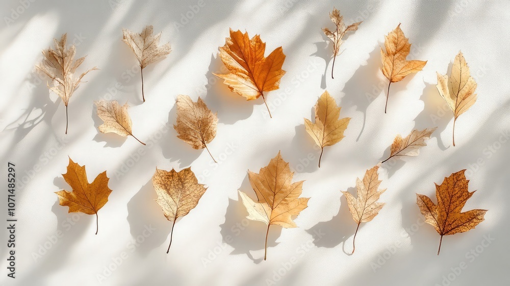 Poster a collection of autumn leaves arranged on a white background with soft sunlight filtering through.