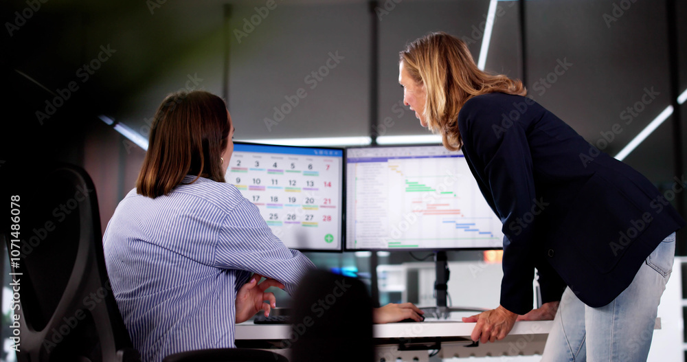 Poster mature businesspeople analyzing gantt chart and calendar on computer