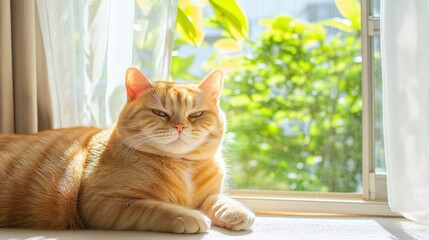 Content Orange Cat Relaxing by Sunny Window with Greenery Background, selective focus