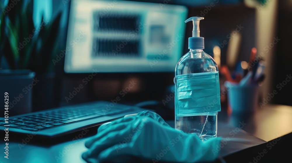 Poster a bottle of hand sanitizer sits on a desk next to a keyboard and a computer monitor, a reminder to s