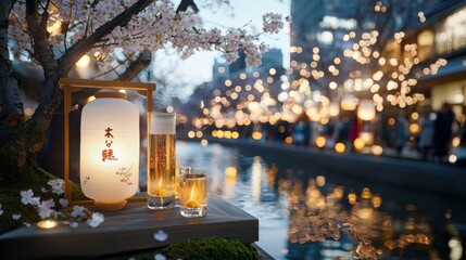 Obraz premium A stunning wide-angle shot of the Nakameguro Cherry Blossom Festival, with crowds enjoying the blossoms along the river, and traditional lanterns glowing in the evening
