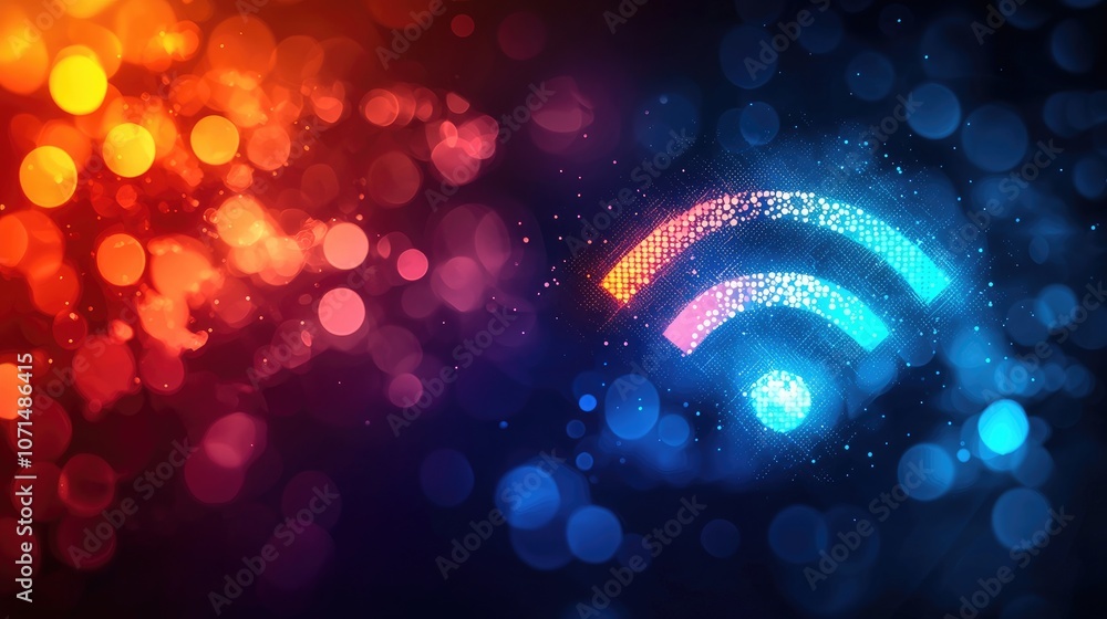 Poster glowing wifi symbol with bokeh.