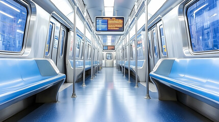 Obraz premium Empty subway car with blue seats and overhead display.