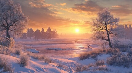 A stunning winter sunset over a snow-covered river, with frosted trees silhouetted against the fiery sky.