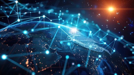 Obraz premium Exploring a digital globe highlighting global connectivity through vibrant network designs