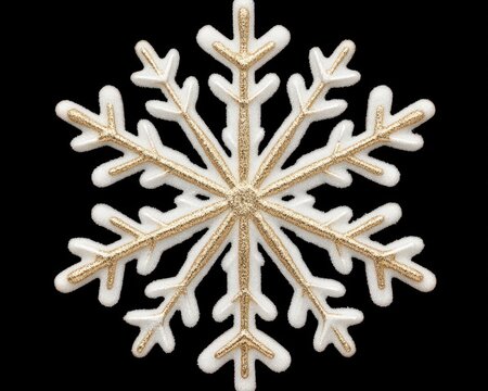 recommend clip art: A white snowflake with a gold outline on a black background.