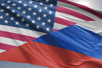 Obraz premium Russia and United States two flags together realations textile cloth fabric texture stock photo