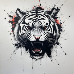 Obraz premium Black ink drawing of an angry tiger head, white background