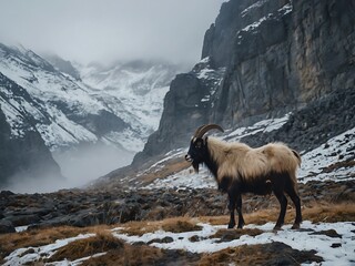 A Wild Goat Standing on a Snowy Mountainside
