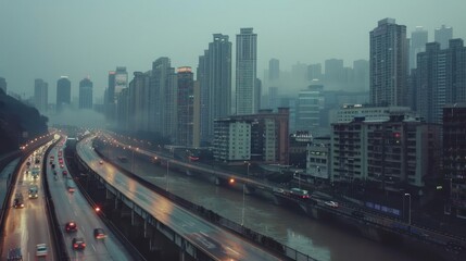 Fototapeta premium A misty urban landscape featuring high-rise buildings and a river alongside a busy highway.
