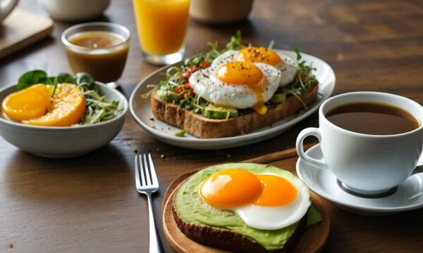 A breakfast table with a plate of avo toast topped with poached eggs, a cup of coffee, a bowl of greens, and two glasses of orange juice.