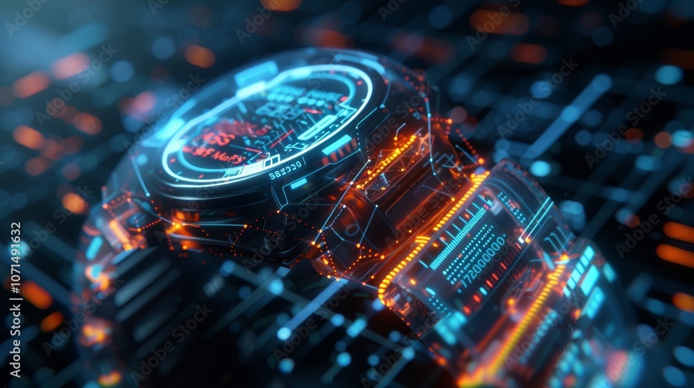 Poster futuristic smartwatch displaying complex data and network connections, resting on a circuit board, s