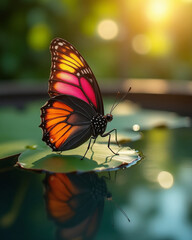 Obraz premium A vibrant butterfly, bathed in warm sunlight, perches delicately on a water lily leaf. generative ai