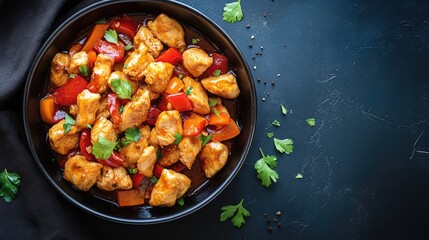 Chicken and Peppers Stir-Fry in Black Bowl