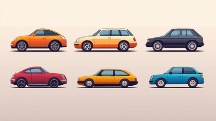 Fototapeta premium Vintage and Modern Cars in a Row Showcasing Diverse Automotive Designs and Styles in a Minimalist Illustration