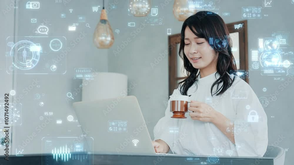 Fototapete DX、デジタル、データ、ビジネス、ソフト、AI、開発、生成、クラウド、ERP、API、ASP、GUI、プラットフォーム、インターフェース、画面、システム、カフェ、ネット、オンライン、女性、日本人、笑顔、経営、戦略、エンジニア、仕事、未来、サイバー、セキュリティ、認証、分析、リサーチ、マーケティング、検索、トランスフォーメーション、IT、ICT、オフィス、情報、プログラミング、経理、アシスタント