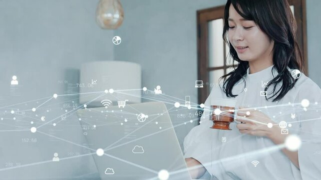 ネットワーク、DX、アプリ、女性、日本人、ビジネス、テクノロジー、クラウド、AI、通信、ブロックチェーン、オンライン、インターネット、web、ワイヤレス、無線、wi-fi、カフェ、ネット、ノートパソコン、PC、データ、デジタル、未来、サイバー、マッチング、SNS、繋がる、アクセス、電波、回線、LAN、オフィス、スマート、ソフト、ERP、API、ASP、CDP、DMP、イメージ、コンセプト、セキュリ