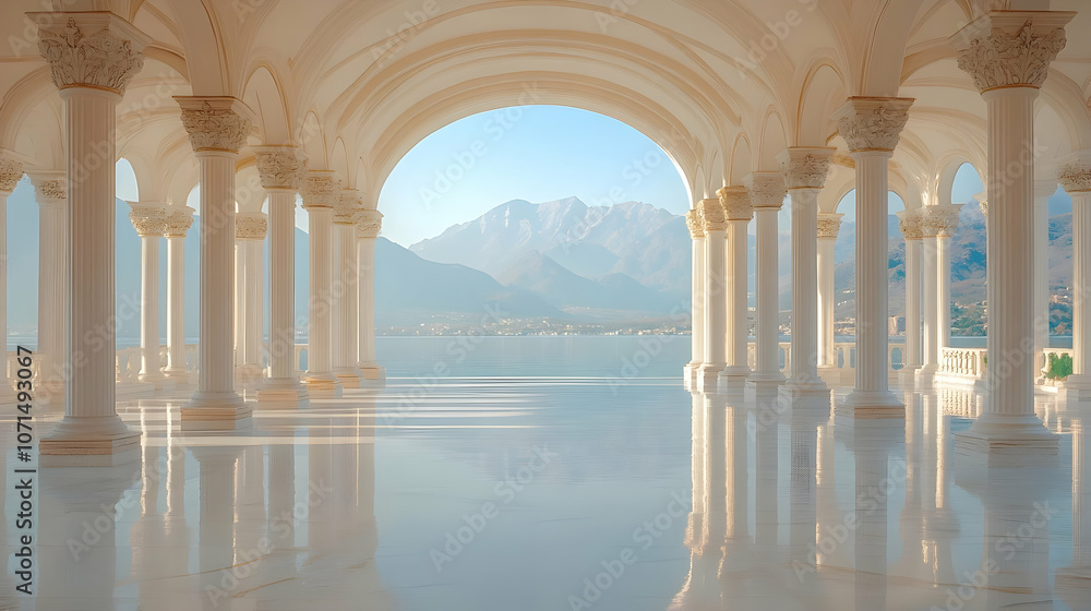 Poster white columns archway with mountain view 3d render