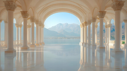 Fototapeta premium White Columns Archway with Mountain View 3D Render