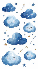 Illustration Cute Smiling Clouds Stars Constellations Watercolor
