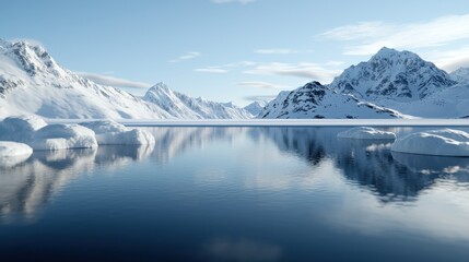 Crystal-clear icy lake with reflections of massive glaciers and snowy peaks, creating a harmonious, cold-toned landscape that embodies untouched wilderness.