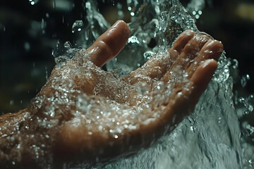 Fototapeta premium Photo Hand Catching Flowing Water Splashing Drops Nature