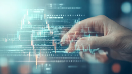 A hand interacts with a translucent digital interface, featuring graphs and data, symbolizing technology, data analysis, and digital connectivity in a futuristic setting.